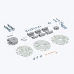 Kit cierrapuertas R8094 para puertas correderas con sistema de elásticos y polea, compatible con guías de pared o techo, incluye accesorios completos