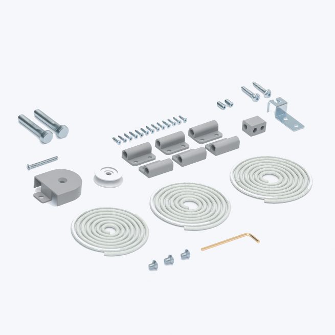 Kit cierrapuertas R8094 para puertas correderas con sistema de elásticos y polea, compatible con guías de pared o techo, incluye accesorios completos