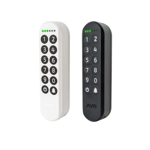 Dos teclados digitales de acceso AYR int Keypad, uno en color blanco y otro en negro, con botones numéricos del 0 al 9, símbolos de encendido y campana, y una fila de luces LED verdes en la parte superior