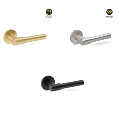 Maneta roseta redonda Groël Blume 257 en color negro, inox y latón satinado mate, diseño moderno y minimalista para puertas de interior.