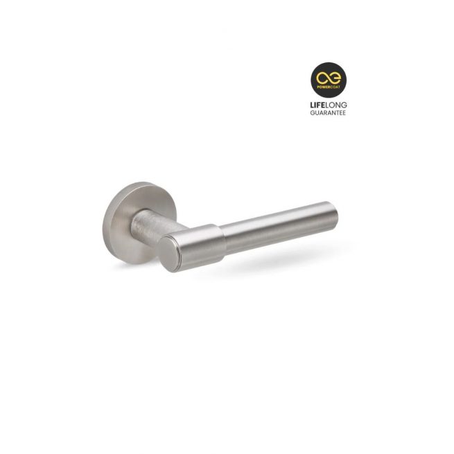 Maneta roseta redonda Groël Blume 257 en color negro, inox y latón satinado mate, diseño moderno y minimalista para puertas de interior.