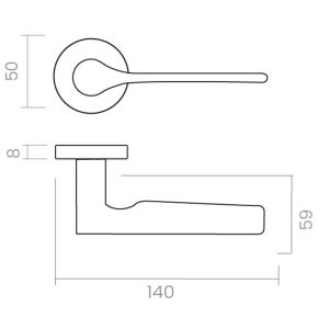 Maneta de puerta Groël Iris 215 con roseta redonda, disponible en acabados negro mate, bronce mate y cromo satinado
