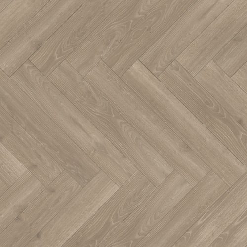 Detalle de suelo laminado Parador Trendtime 8 AC4 en patrón espiga, acabado roble gris perla, con vetas naturales y tono suave que aporta un estilo moderno y elegante.