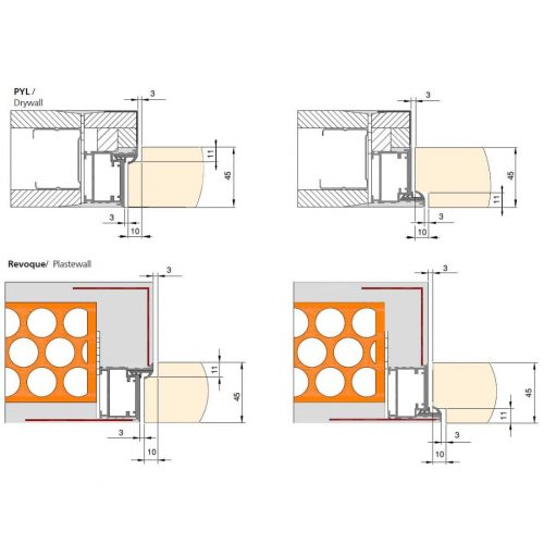Esquema técnico de instalación de la puerta rasomuro Palbox Hidden 45 con marco lacado en blanco, mostrando secciones para tabique de pladur y obra con medidas y detalles de integración en pared.