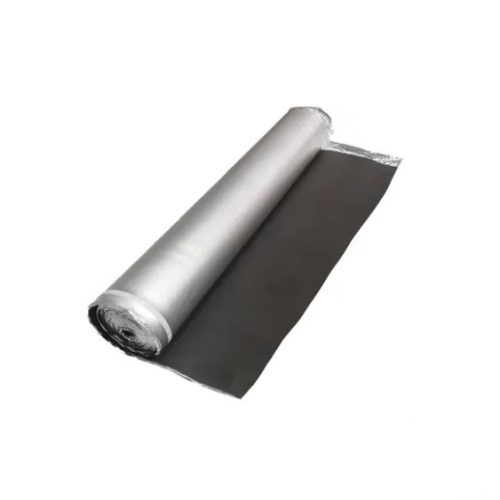 Base aislante para suelo laminado de caucho con aluminio en rollo, con barrera de vapor, aislamiento acústico y protección antihumedad para instalación de parquet flotante.