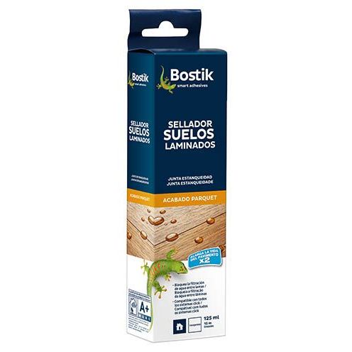 Sellador de juntas para suelo laminado Bostik en envase de 125 ml, protector para uniones de pavimento laminado contra la humedad y el agua, ideal para una instalación duradera y segura.