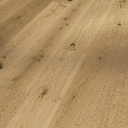 Suelo de madera natural Parador Trendtime 4 Roble Lugana acabado mate, parquet de roble 1 lama con veta marcada, nudos visibles y estilo rústico natural para interiores elegantes y acogedores.
