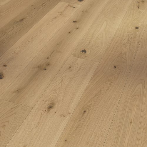 Suelo de madera natural Parador Trendtime 4 Roble Lugana Blanco acabado mate, parquet de roble 1 lama con nudos visibles, veta natural y diseño elegante en tono roble claro para interiores luminosos.