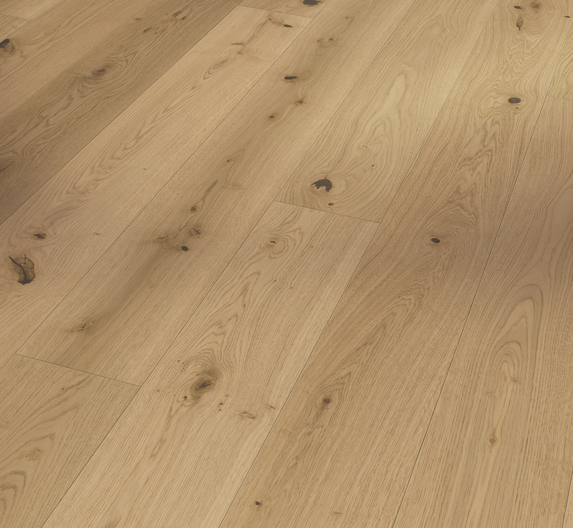 Suelo de madera natural Parador Trendtime 4 Roble Lugana Blanco acabado mate, parquet de roble 1 lama con nudos visibles, veta natural y diseño elegante en tono roble claro para interiores luminosos.