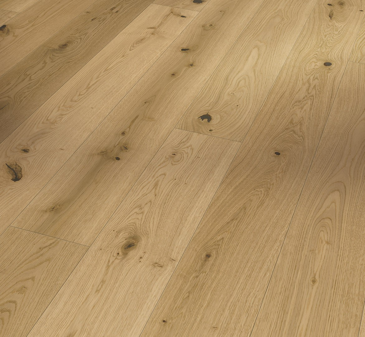 Suelo de madera natural Parador Trendtime 4 Roble Lugana acabado mate, parquet de roble 1 lama con veta marcada, nudos visibles y estilo rústico natural para interiores elegantes y acogedores.