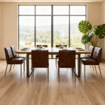 Suelo vinílico click MSP Ultra Floor AC6 efecto madera roble natural en salón moderno, pavimento resistente al agua y al desgaste ideal para hogares y espacios comerciales.