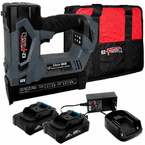 Clavadora a batería Fasten BAT835 de 18V para clavo M08 de 15 a 35 mm, kit completo con 2 baterías, cargador y bolsa de transporte, ideal para molduras, marcos, carpintería y trabajos de acabado profesional.