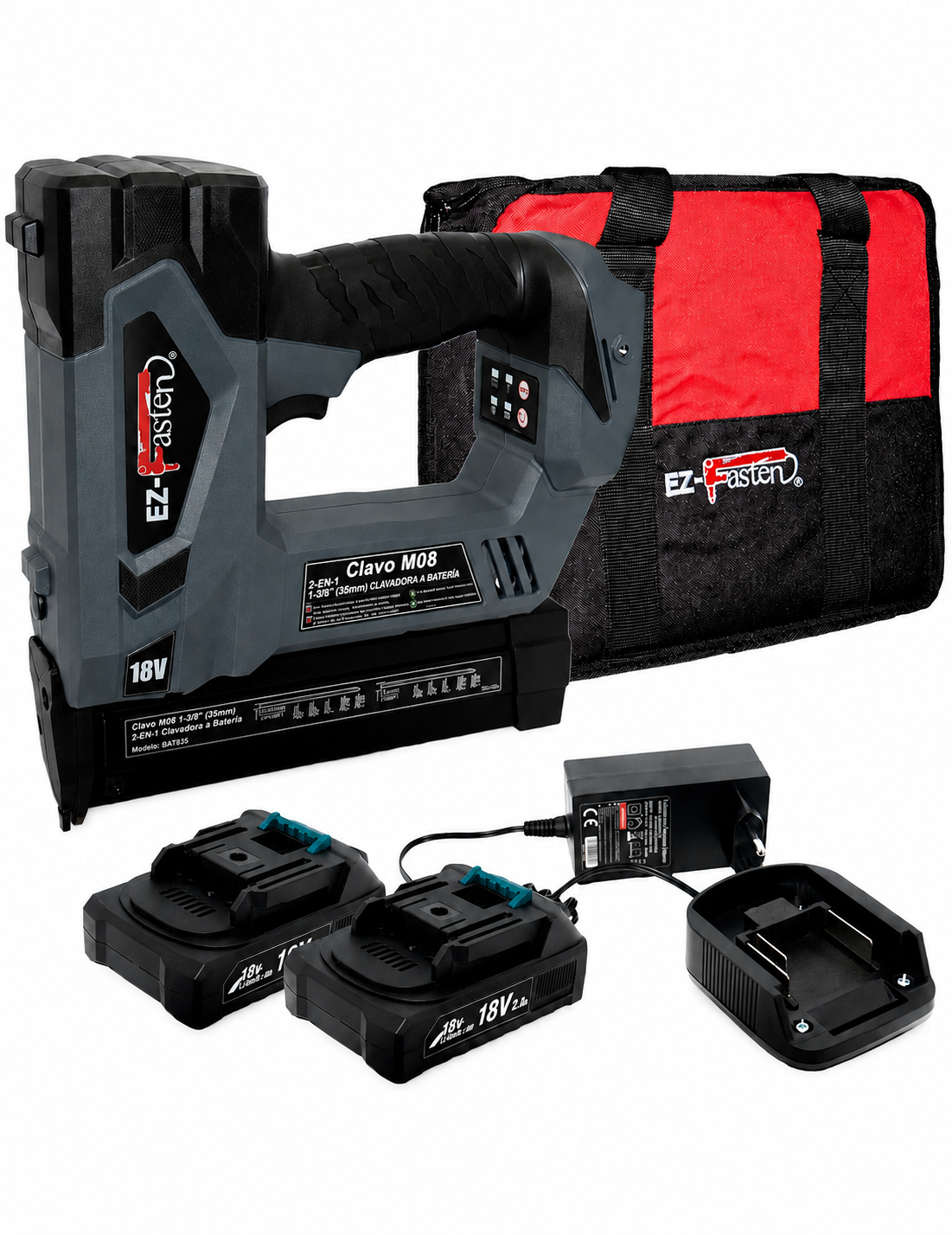 Clavadora a batería Fasten BAT835 de 18V para clavo M08 de 15 a 35 mm, kit completo con 2 baterías, cargador y bolsa de transporte, ideal para molduras, marcos, carpintería y trabajos de acabado profesional.