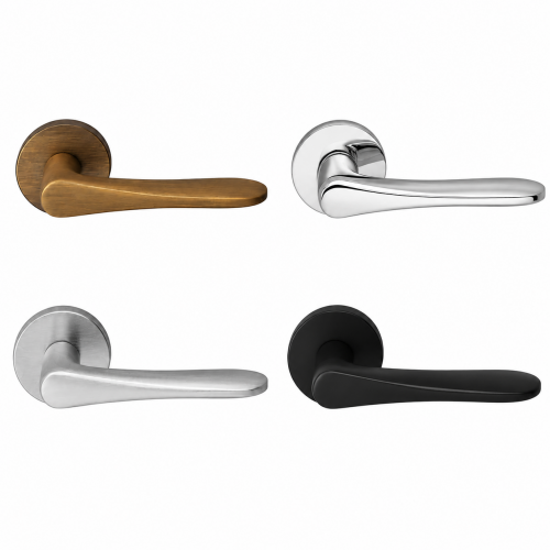 Composición de la manilla con roseta Manital ALA disponible en acabados bronce, cromo brillo, cromo satinado y negro mate sobre fondo blanco.