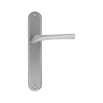 Manilla puerta placa redonda Manital MASTER en acero inoxidable satinado para puertas de interior, diseño elegante de líneas curvas y estilo contemporáneo.