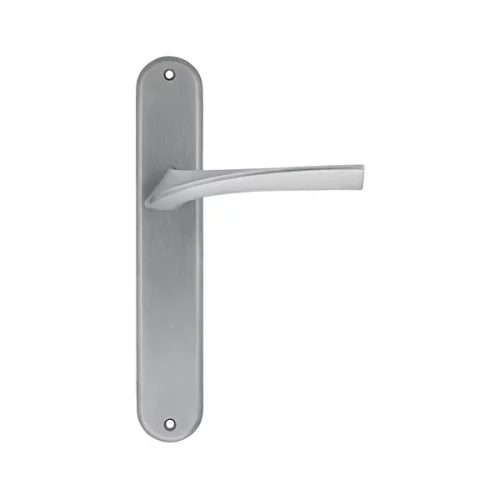 Manilla puerta placa redonda Manital MASTER en acero inoxidable satinado para puertas de interior, diseño elegante de líneas curvas y estilo contemporáneo.