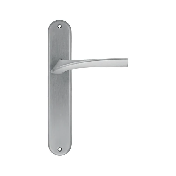 Manilla puerta placa redonda Manital MASTER en acero inoxidable satinado para puertas de interior, diseño elegante de líneas curvas y estilo contemporáneo.