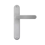 Manilla puerta placa redonda Manital RATIO en acero inoxidable satinado para puertas de interior, diseño minimalista de líneas rectas y estilo contemporáneo.