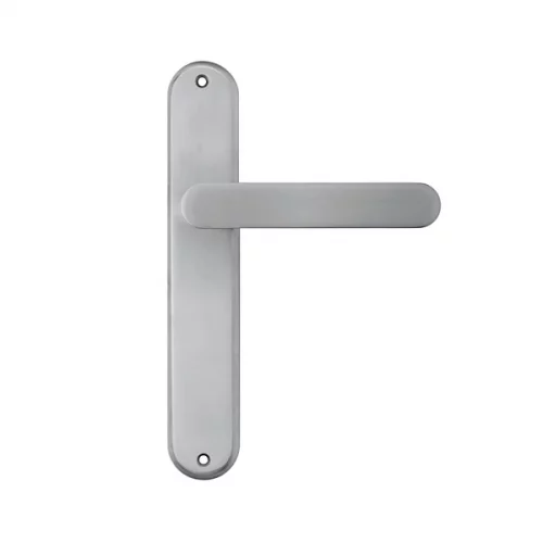 Manilla puerta placa redonda Manital RATIO en acero inoxidable satinado para puertas de interior, diseño minimalista de líneas rectas y estilo contemporáneo.