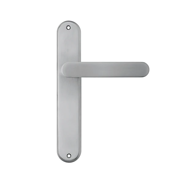 Manilla puerta placa redonda Manital RATIO en acero inoxidable satinado para puertas de interior, diseño minimalista de líneas rectas y estilo contemporáneo.