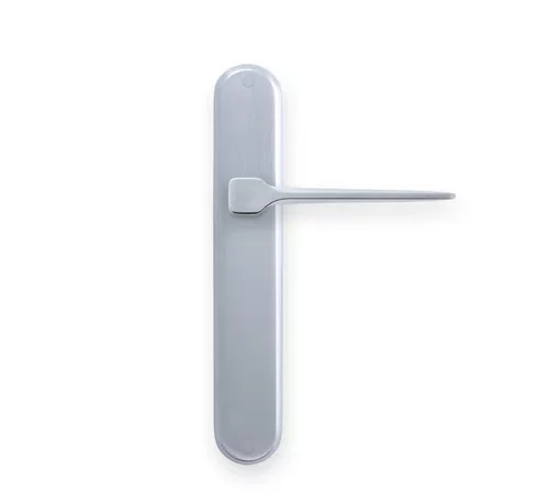Manilla puerta placa redonda Manital SONICA en acero inoxidable satinado para puertas de interior, diseño italiano de líneas estilizadas y elegante acabado moderno.