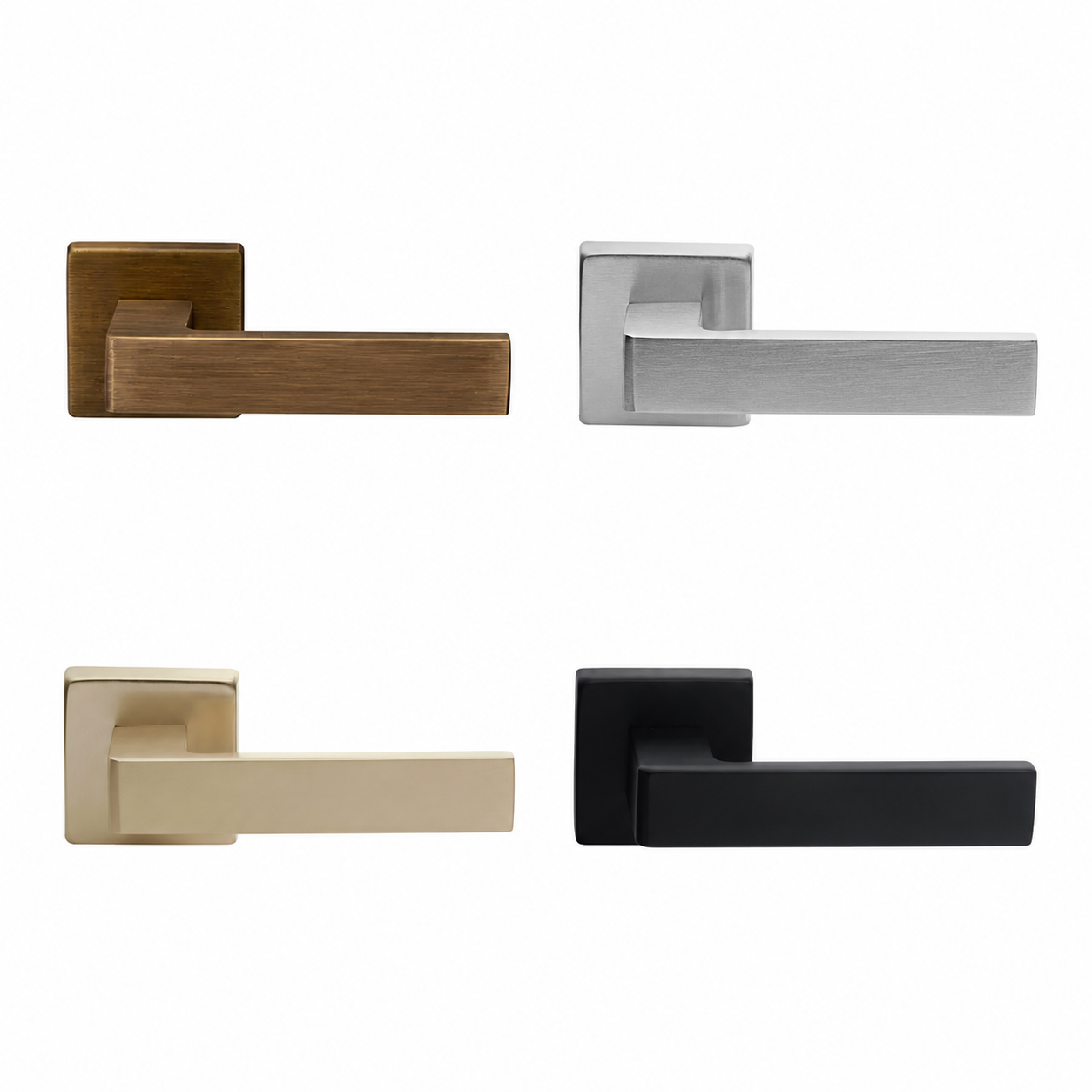 Manilla para puerta Manital TECHNA con roseta cuadrada en acabados latón envejecido, cromo brillo, cromo satinado y negro mate, diseño italiano moderno para puertas de interior.