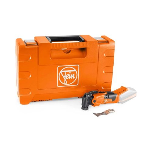 Multiherramienta oscilante inalámbrica Fein Multimaster 500 AMM Plus Select en color naranja y negro, con accesorio de corte y maletín rígido de transporte.